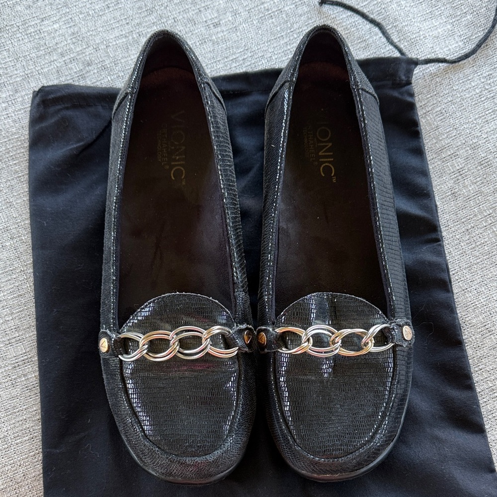 Vionic Black Loafers with Silver Chain Accent